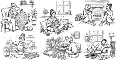 Obraz premium Hand drawn doodle set of cozy indoor lifestyle activities including reading, knitting, baking, board games and listening music.