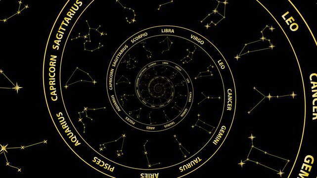 Endless infinity zoom animation featuring a golden spiral of zodiac constellations and star maps on a transparent alpha channel background, seamless loop