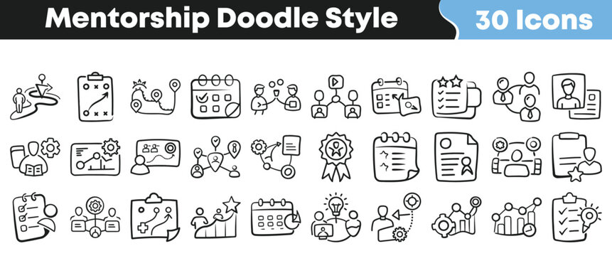 Collection of hand drawn mentorship icons in a doodle style