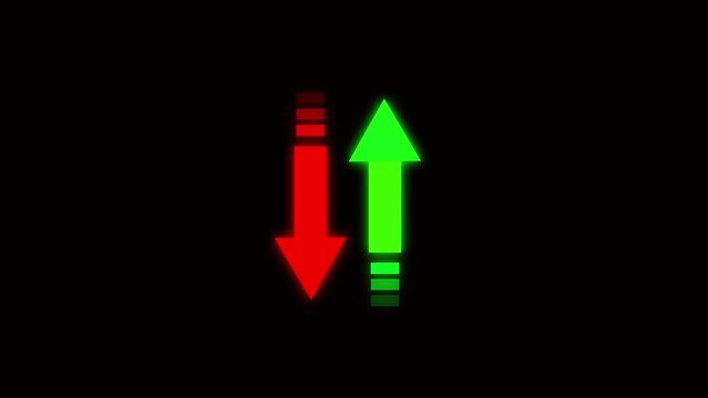 Red Down Arrow and Green Up Arrow with Horizontal Lines on animation Black Background arrows. Smooth animation of green up and red down arrows with moving lines for data visualization.