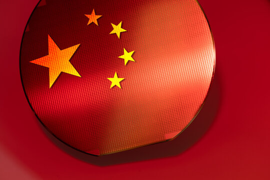 China flag overlay on Silicon Wafer Chip, Chinese semiconductor production EUV technology 2 nm.