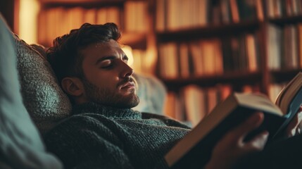 Obraz premium a man sitting calmly in a cozy reading nook after a stressful day; generative ai