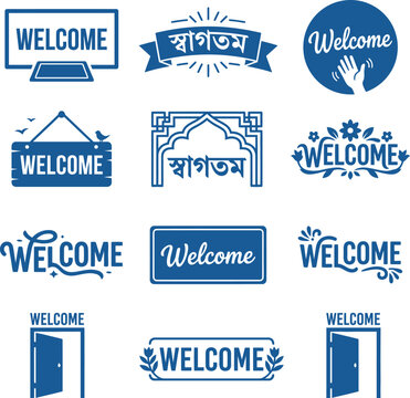 Collection of welcome signs and greetings in Bengali and English with blue graphic elements