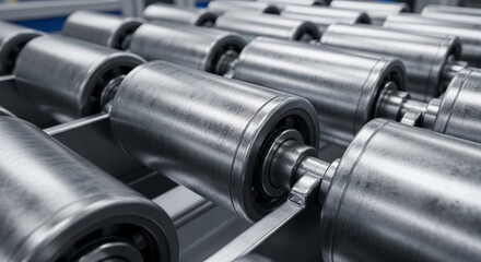 Obraz premium Industrial roller conveyor system, close-up of metal production machinery