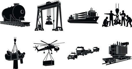 Obraz premium Heavy project cargo transport and industrial lifting equipment black silhouette icon set for logistics design.