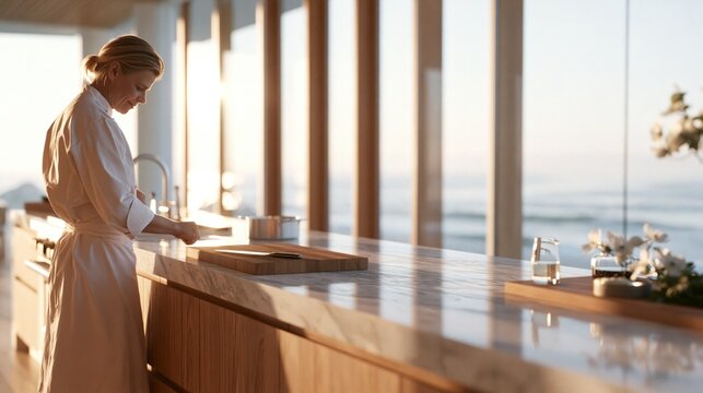 Professional female chef preparing gourmet cuisine in the modern galley of a luxury yacht at sunrise. Premium hospitality, fine dining and exclusive yachting lifestyle