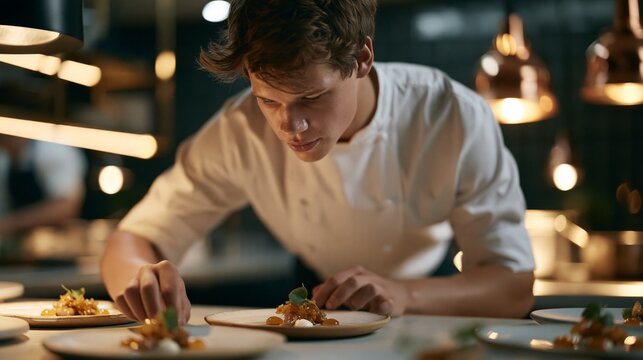 Young professional chef carefully plating an elegant fine dining dish in a luxury restaurant kitchen. Culinary precision and modern gastronomy concept