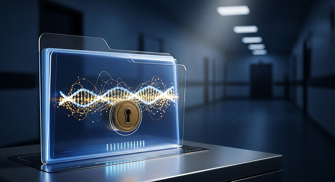 HIPAA security for DNA medical privacy ensures protected healthcare data within a digital folder and lock system in a hospital setting