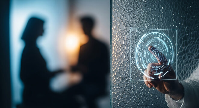Advanced digital privacy and HIPAA compliant interface for medical data security in a futuristic healthcare setting with silhouetted professionals