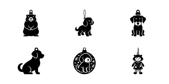 Cute Animal Christmas Ornaments Silhouette Set - Dog, Toy, Doll, Festive Icons