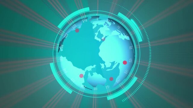 Teal Digital Globe with Radial Light Streaks and Radar Interface earth technology animation.Global tracking, digital surveillance, and futuristic network visualization. Radar icon using to find enemy.