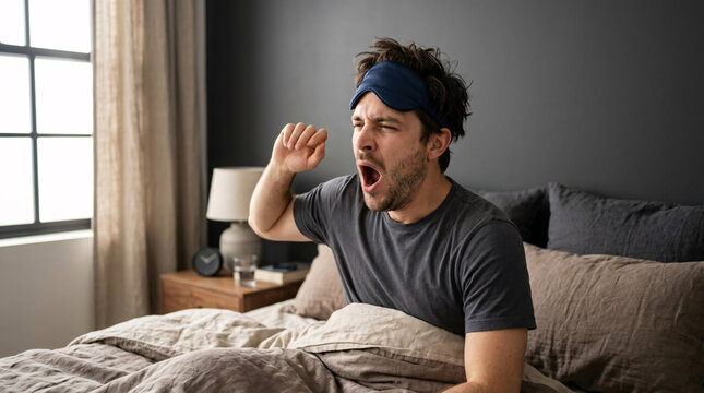 Close up of tired man with sleeping mask yawning and stretching after waking up in the morning