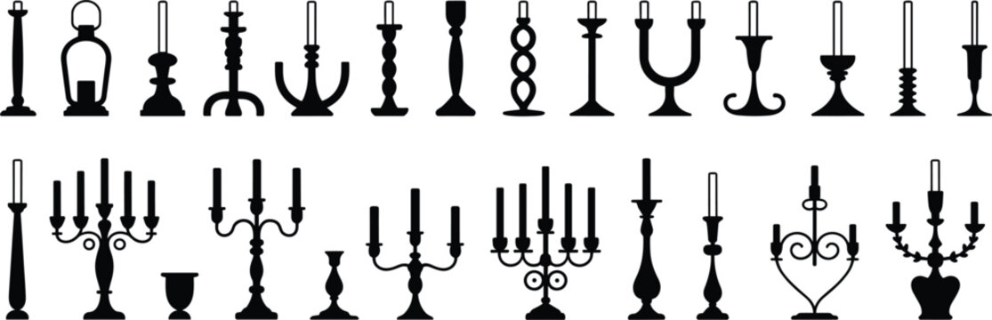 Vintage candlestick and candelabra silhouette icon set, antique candle holder black shapes isolated vector