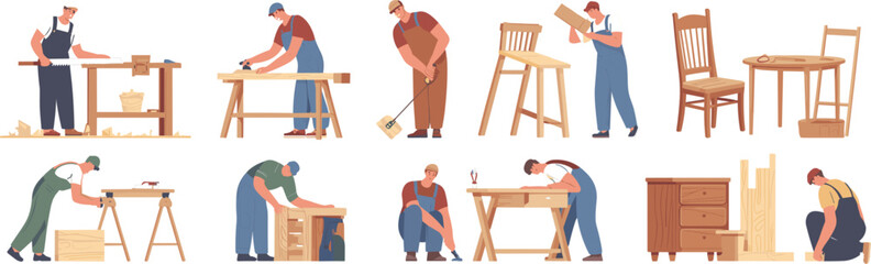 Fototapeta premium Carpenters and furniture makers working in workshop character set, woodwork manufacturing process flat vector