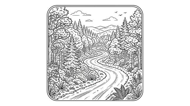 Winding road through dense forest landscape.