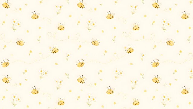Seamless pattern with cute cartoon bees and daisies on a soft cream background