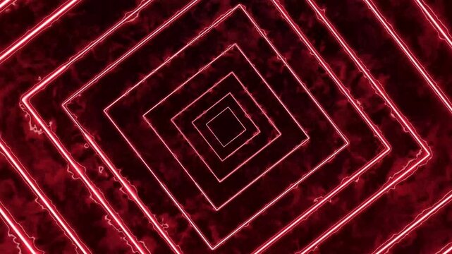 Red Neon Square Tunnel Effect squares perspective animation. Animated red neon square tunnel creates hypnotic depth and dynamic 3D motion visuals, sleek animated perspective design.