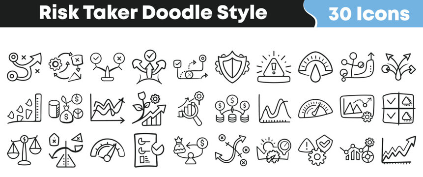Collection of business risk taker doodle icons for professional projects