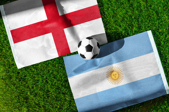 England vs Argentina, Semifinals, national flags before international football match, football on green grass with stadium in the background, Atlanta, July 15, 2026.