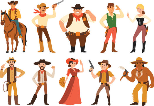 Wild west cowboy and cowgirl character set, sheriff, gunslinger and native American isolated vector
