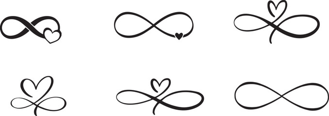 Obraz premium Infinity heart symbol vector set, minimalist black line art loop icons, 6 elegant eternal love calligraphy signs for wedding and tattoo design