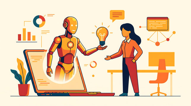 Robot emerging from a laptop handing a glowing lightbulb to a businesswoman