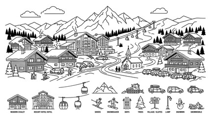 Black and white ski resort icons. © Entung