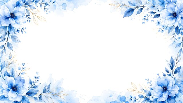 Beautiful watercolor floral frame with blue flowers and golden leaves isolated on white background
