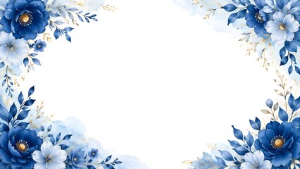 Elegant watercolor floral frame with blue flowers and golden leaves isolated on white background
