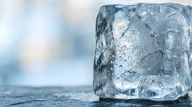 Crisp cold ice cube with visible water droplets standing textured dark surface closeup macro shot for refreshment marketing