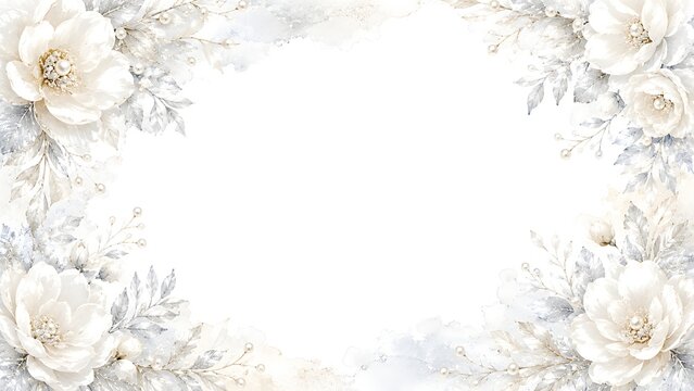 Elegant floral frame with white roses, silver leaves, and pearls isolated on white background