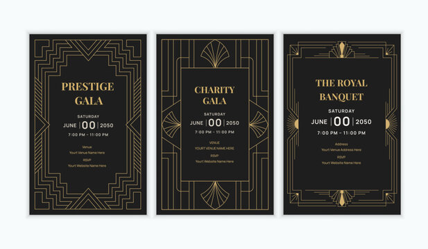 Classic 1920s Art Deco Invitation Card Design Set with Ornate Golden Borders