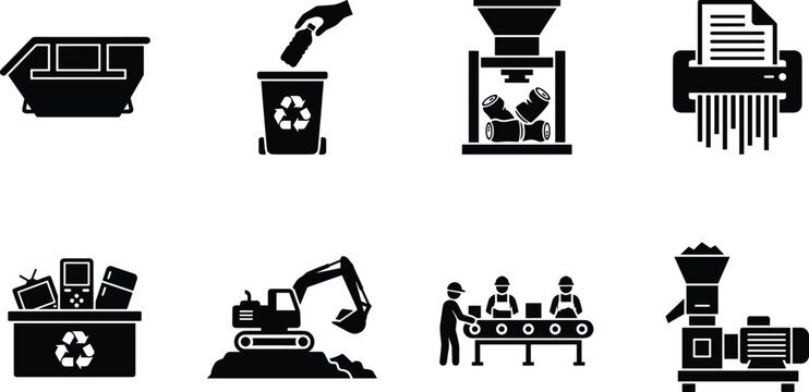 Industrial waste management and recycling process silhouette icon set featuring garbage disposal and sorting symbols