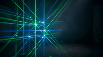 Obraz premium Dynamic green and blue laser beams intersecting intensely, forming an energetic light grid against a dark smoky backdrop, perfect for promotional use.