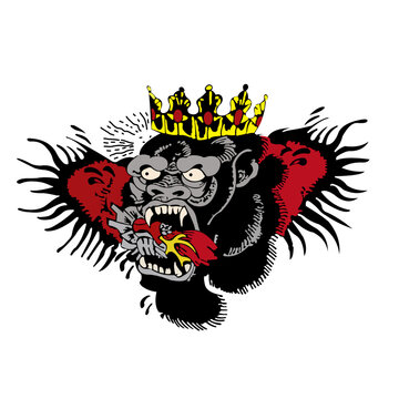 Crowned gorilla with anatomical heart, traditional tattoo style vector illustration