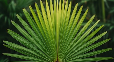Fototapeta premium Bright green palm leaf in a fan shape with sharp pointed edges against a dark moody background