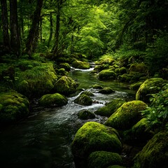 Fototapeta premium A lush green forest stream flowing over moss covered rocks in a dense woodland environment with soft lighting