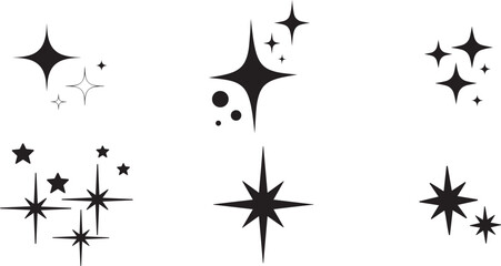Sparkle star icons set, black twinkling glitter shapes vector, minimalist shining starburst and magic glow elements for graphic design © Sania