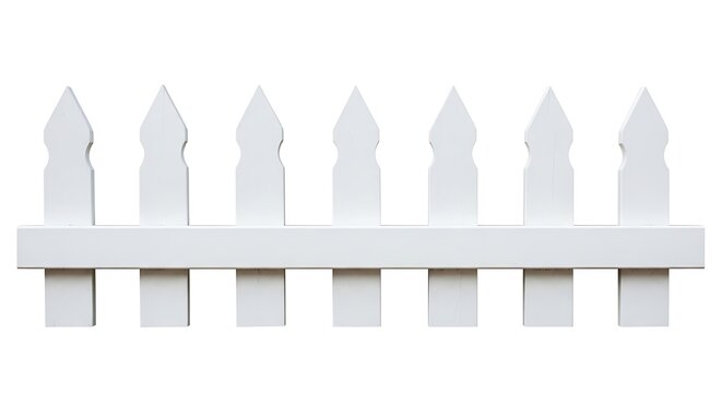 Classic white wooden picket fence section with sharp decorative tips for home garden and yard decor