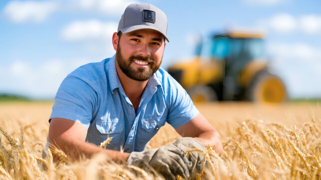 Smiling farmer in a wheat field, wearing a cap and gloves, with a tractor in the background. Concept of agriculture, summer harvest and rural lifestyle.