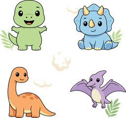 Cute Baby Dinosaur Vector Character Set Featuring Happy Tyrannosaurus Rex Triceratops Brachiosaurus and Pterodactyl Illustrations for Kids Nursery Graphic Designs © Rownok