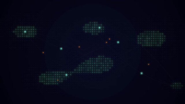 Particle network with distributed colored dots and connecting nodes concept representing global risk analysis, data connectivity, threat monitoring, and digital infrastructure vulnerability assessment