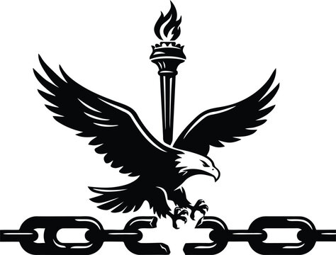 Black silhouette of an eagle with outstretched wings standing on a broken chain with a torch behind it on white background