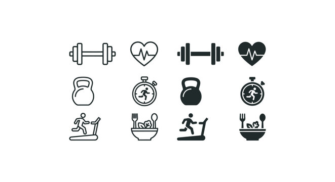 Set of fitness and sport line icons including dumbbell, heart rate, kettlebell and more.