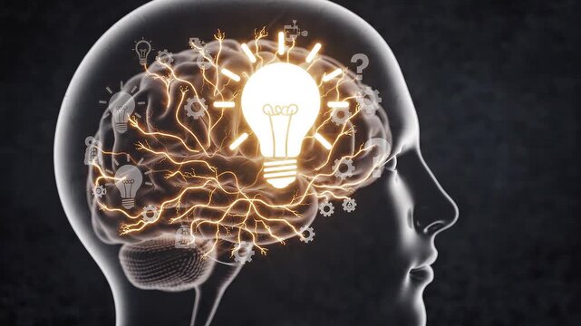 Human Brain Neural Network Activity Glowing Yellow Electrical Impulses