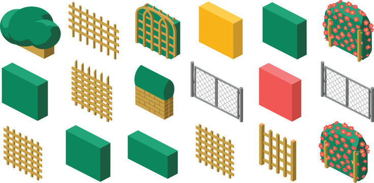 Isometric garden fence vector icon set featuring wooden trellis grids green hedge walls metal chain link gates brick barriers and blooming red rose flower shrub dividers.