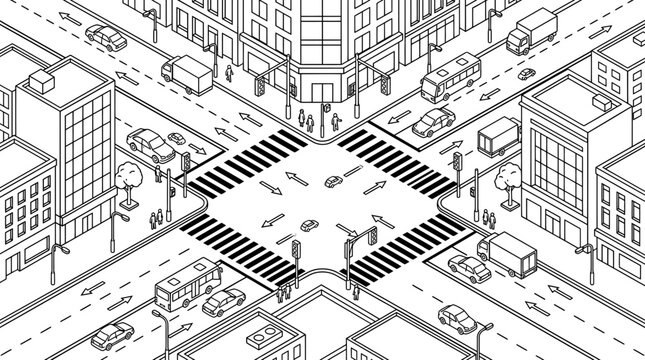 City Crosswalk Intersection Street Scene.