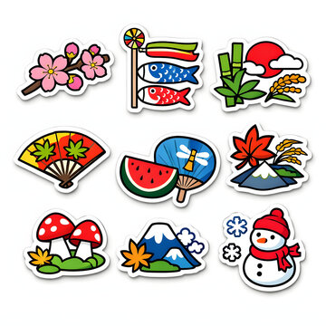 Japanese seasonal stickers set cute nature autumn spring winter cultural vector elements