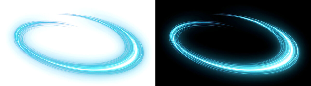 Swirling cyan light trail effect with sparkling elliptical ring motion for overlay use in PNG, Transparent and Black Background Versions