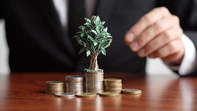 Businessman holding origami tree above stacks of coins symbolizing investment growth